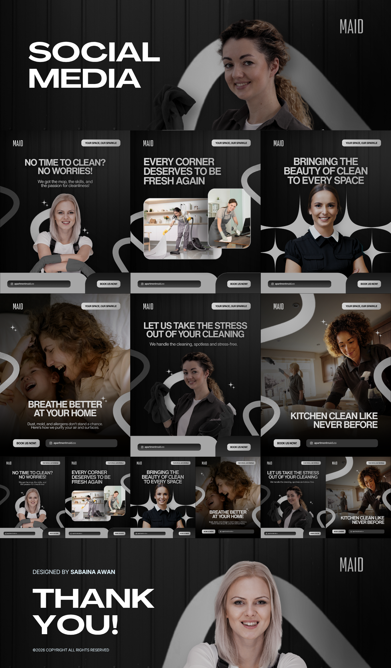 Apartment Maid — full social & email showcase, scroll to see the whole thing