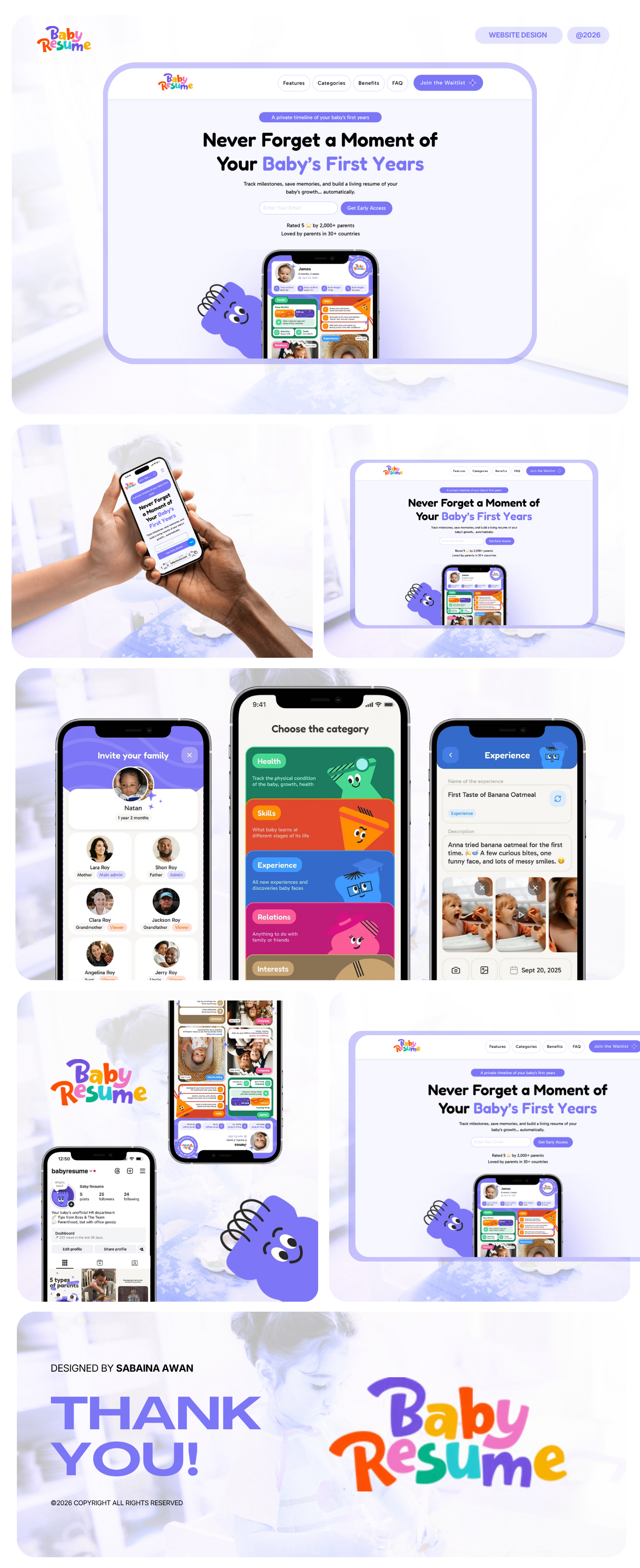 BabyResume — full website showcase, scroll to see the whole thing